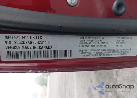 2020 Dodge Challenger Sxt z USA, uszkodzony, nr VIN 2C3CDZAG9LH231405